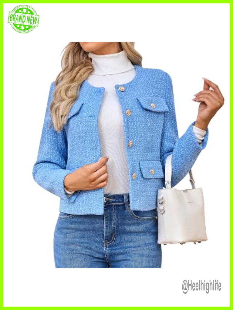 Women's Tweed Blazer Casual Long Sleeve Button Down Cropped Coat